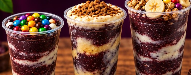 Três copos de açaí com confete, creme e frutas